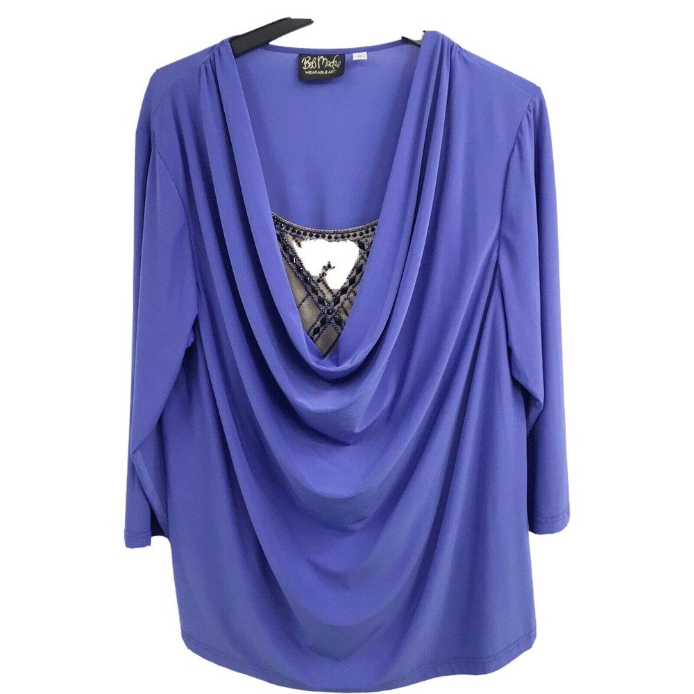 BOB MACKIE WEARABLE ART WOMEN'S SIZE 2X PURLE 3/4 SLEEVE BLOUSE